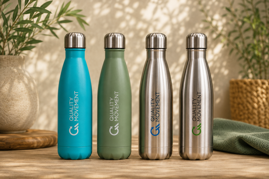 Qualitymovement Edelstahl Trinkflasche 0,5L grĂźn oder blau und 0,75L Silver Logo